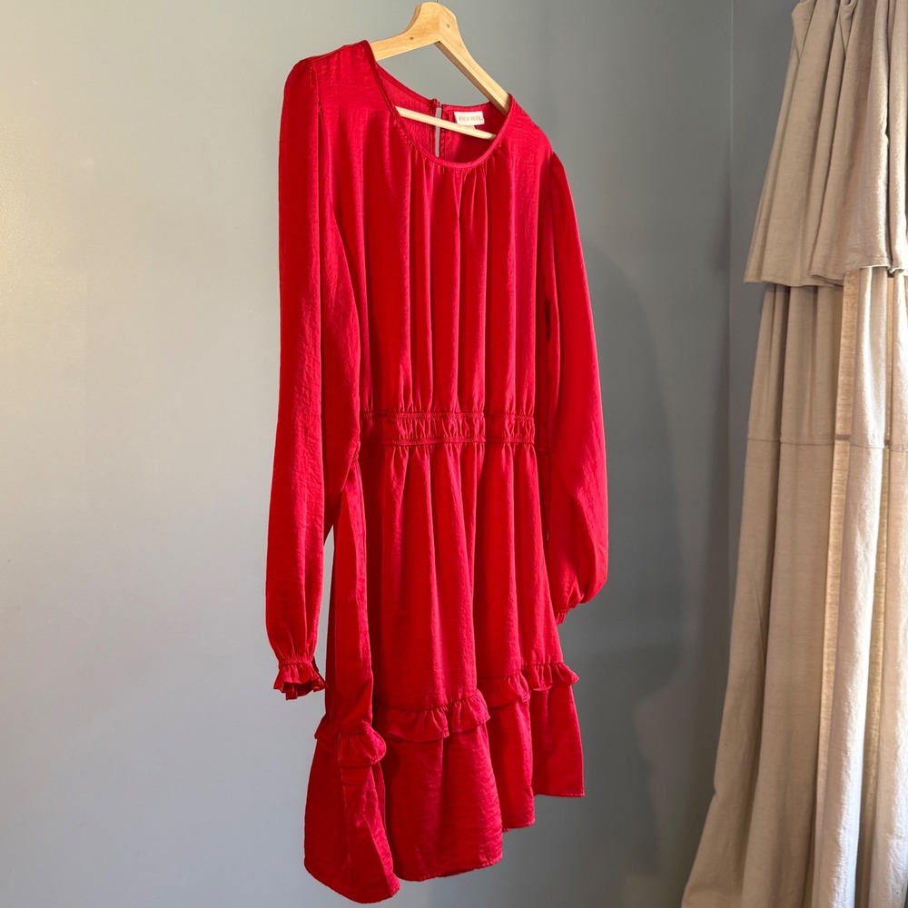 Knox Rose XL Riviera Red Satin Ruffle Mini Dress Long Sleeve Boho Romantic
